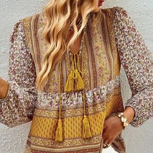 NEW! Cute Boho Long Sleeve Tassel Tie Tunic Top Hippie Festival Vacay Trendy